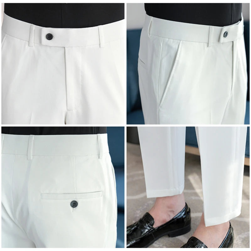 Men’s Stretch Solid Color Trousers – Slim Fit Ankle-Length Pants for Business, Casual & Formal Events