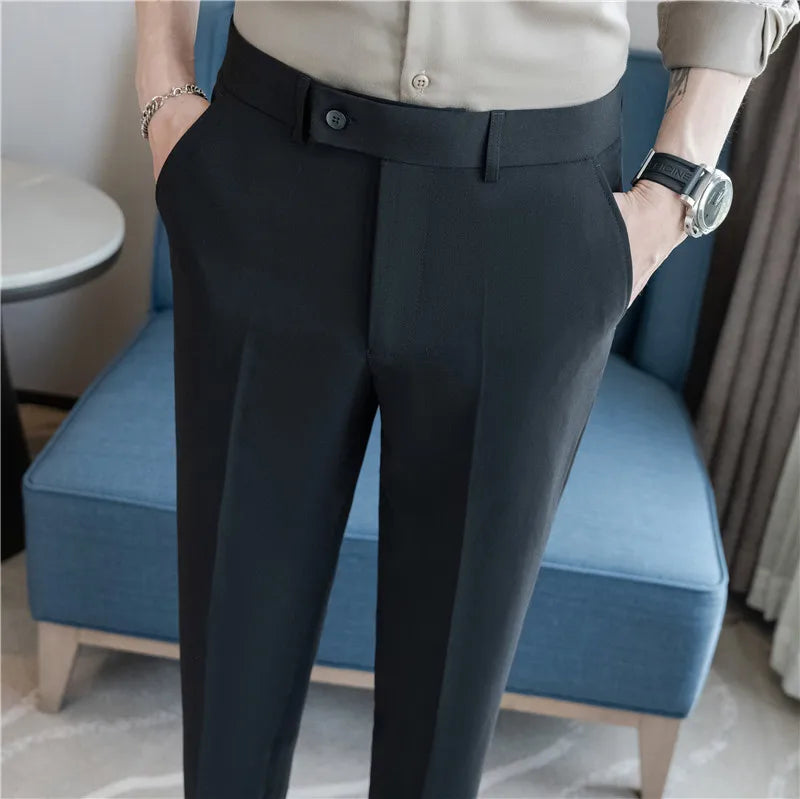 Men’s Stretch Solid Color Trousers – Slim Fit Ankle-Length Pants for Business, Casual & Formal Events
