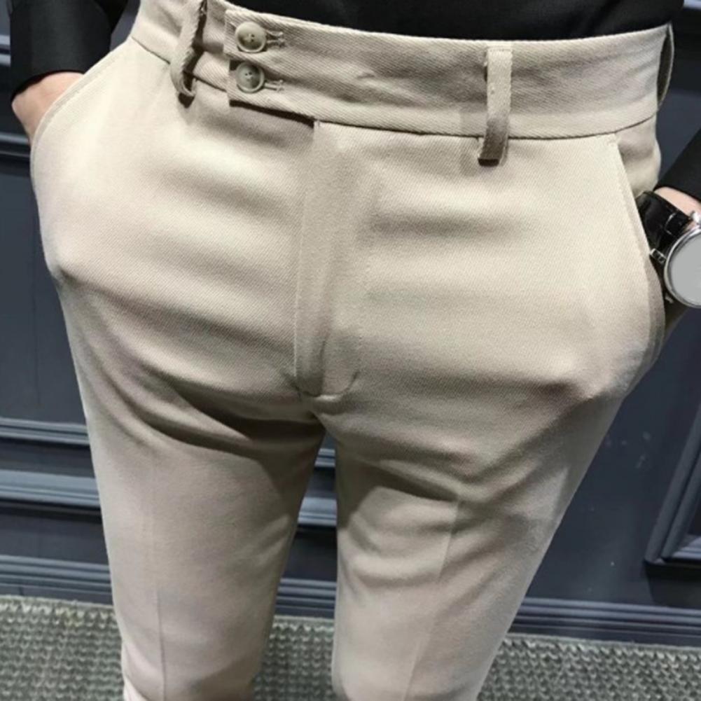 Men’s Slim Fit Ankle-Length Suit Pants – Trendy Office Trousers with Zipper Closure