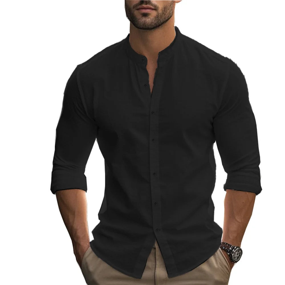 Men’s Cotton Linen Henley Shirt – Slim Fit, Breathable Solid Color Casual Wear
