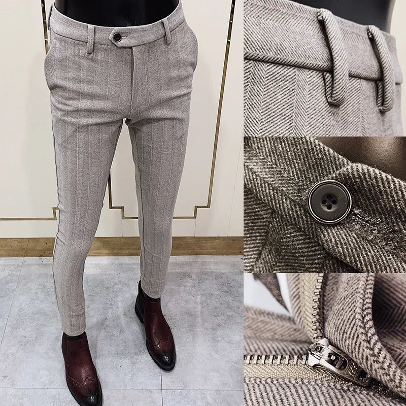 Men’s Striped Woolen Suit Pants – Slim Fit Casual & Formal Trousers for Autumn & Winter