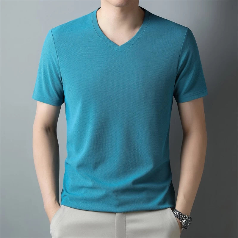 Men’s Waffle Knit V-Neck T-Shirt – Summer Casual Short Sleeve Top 2024