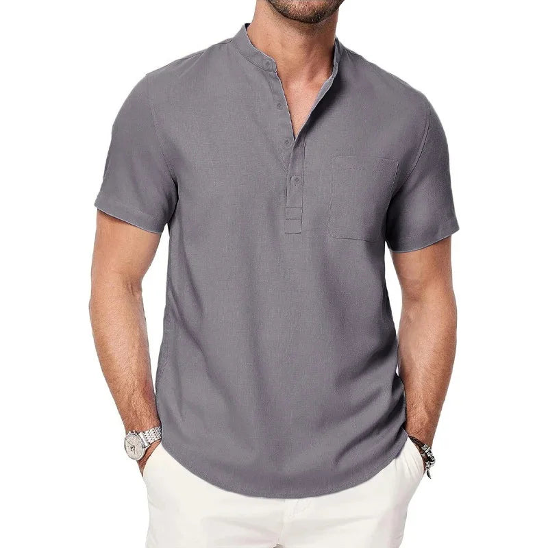 Men’s Henley Cotton-Linen T-Shirt – Short Sleeve Casual Tee with Button Pocket