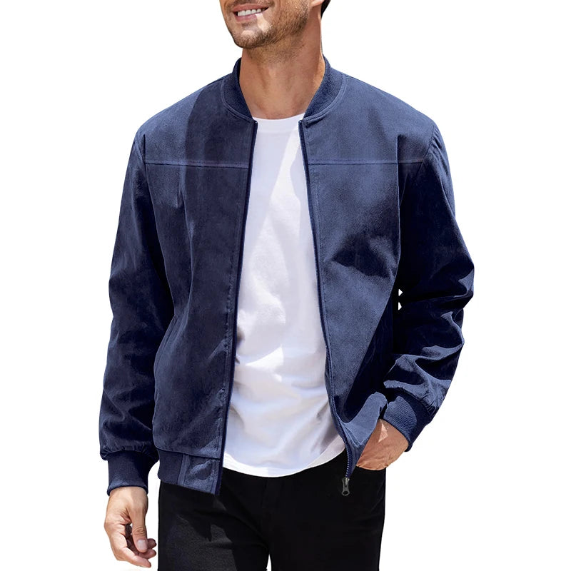 Men’s Suede Zip-Up Bomber Jacket – Casual Sport and Golf Style