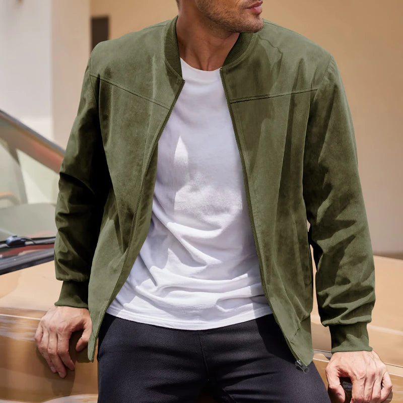 Men’s Suede Zip-Up Bomber Jacket – Casual Sport and Golf Style