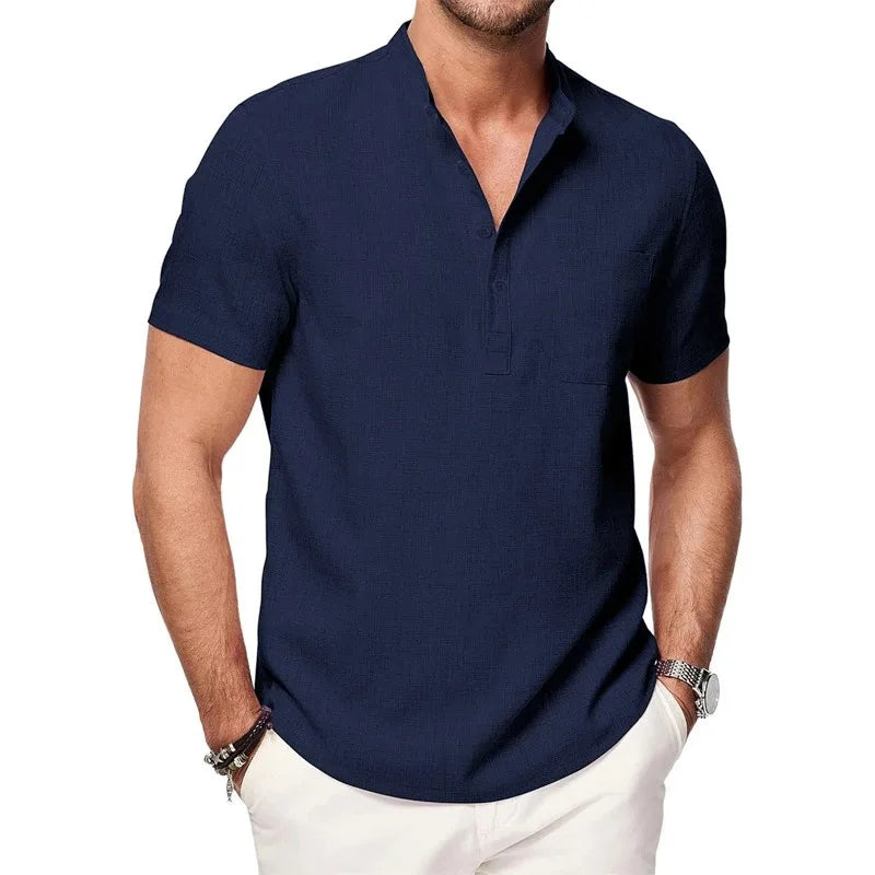 Men’s Henley Cotton-Linen T-Shirt – Short Sleeve Casual Tee with Button Pocket