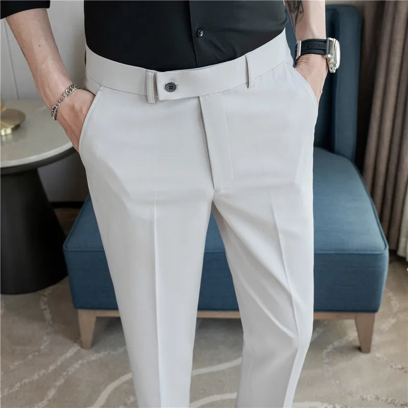 Men’s Stretch Solid Color Trousers – Slim Fit Ankle-Length Pants for Business, Casual & Formal Events