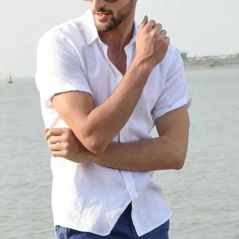 Men’s Casual Cotton Linen Short Sleeve Shirt – Solid Color Summer Beachwear