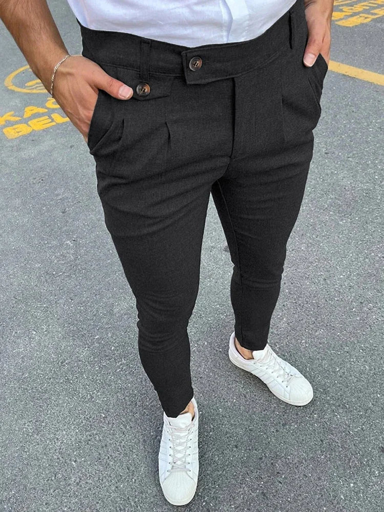 Men’s Slim Fit Casual Trousers – Vintage Solid Color Pencil Pants with Button Waist