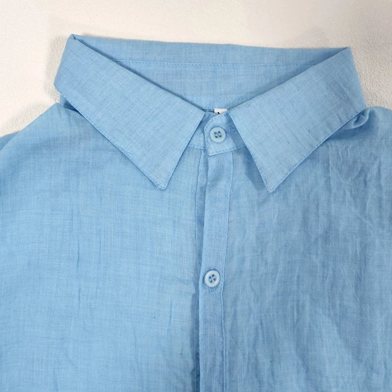 Men’s Casual Cotton Linen Short Sleeve Shirt – Solid Color Summer Beachwear