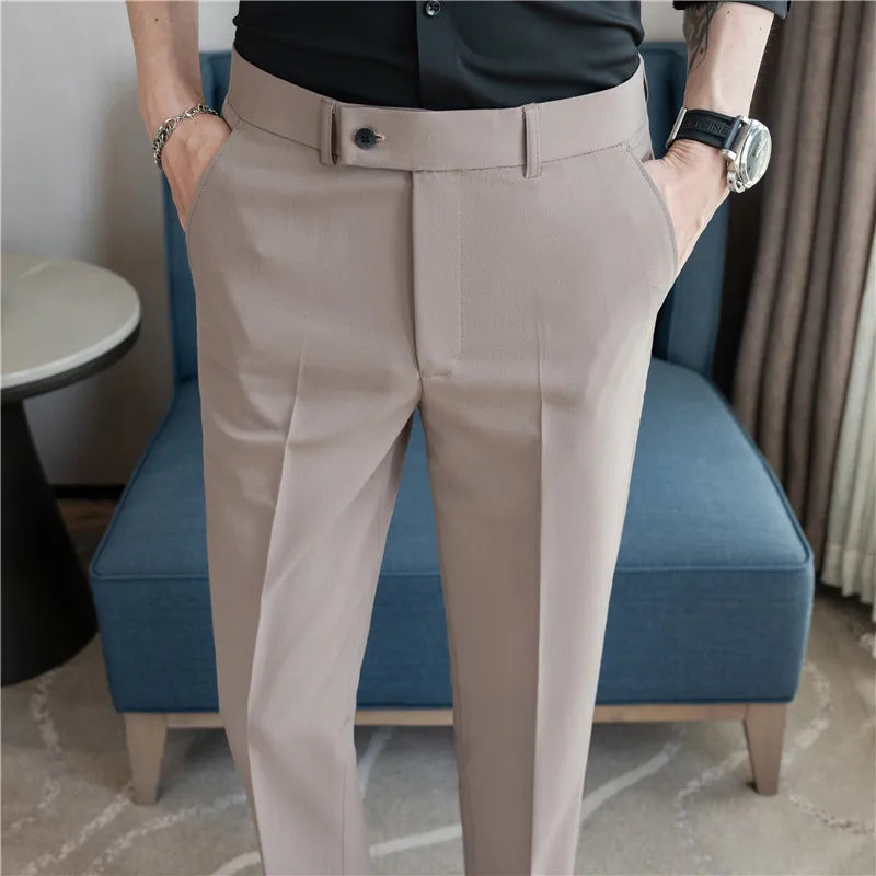 Men’s Stretch Solid Color Trousers – Slim Fit Ankle-Length Pants for Business, Casual & Formal Events