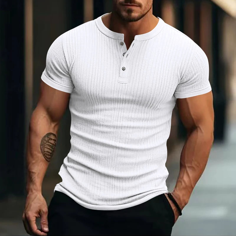 Men’s Striped Knit T-Shirt – Henley Neck, Short Sleeve, Soft & Breathable Casual Top
