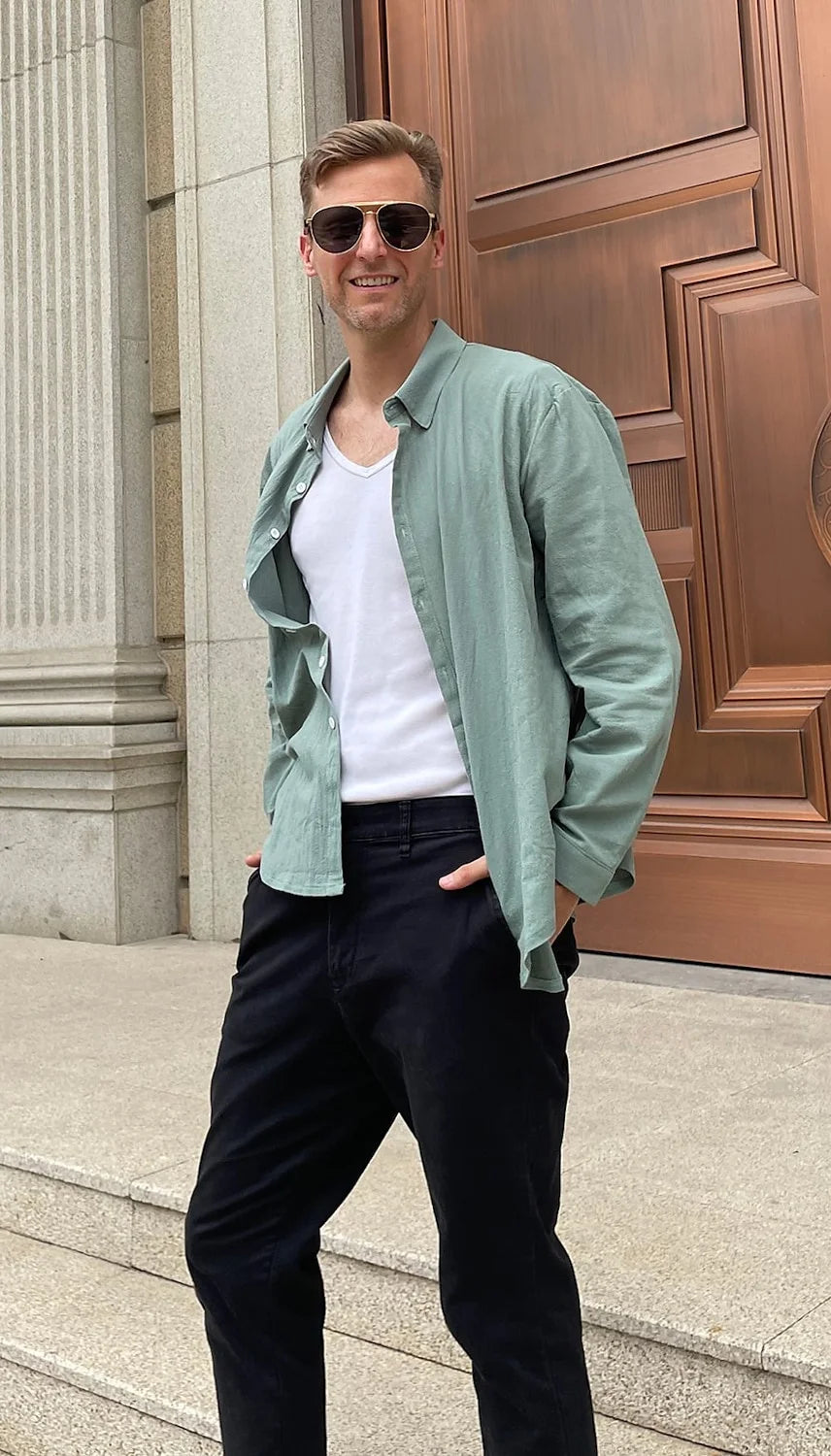 Men's 2024 Linen Beach Shirt – Long Sleeve Casual Button-Up, Solid Color Lapel Top, Lightweight Spring Summer Shirt XS–6XL