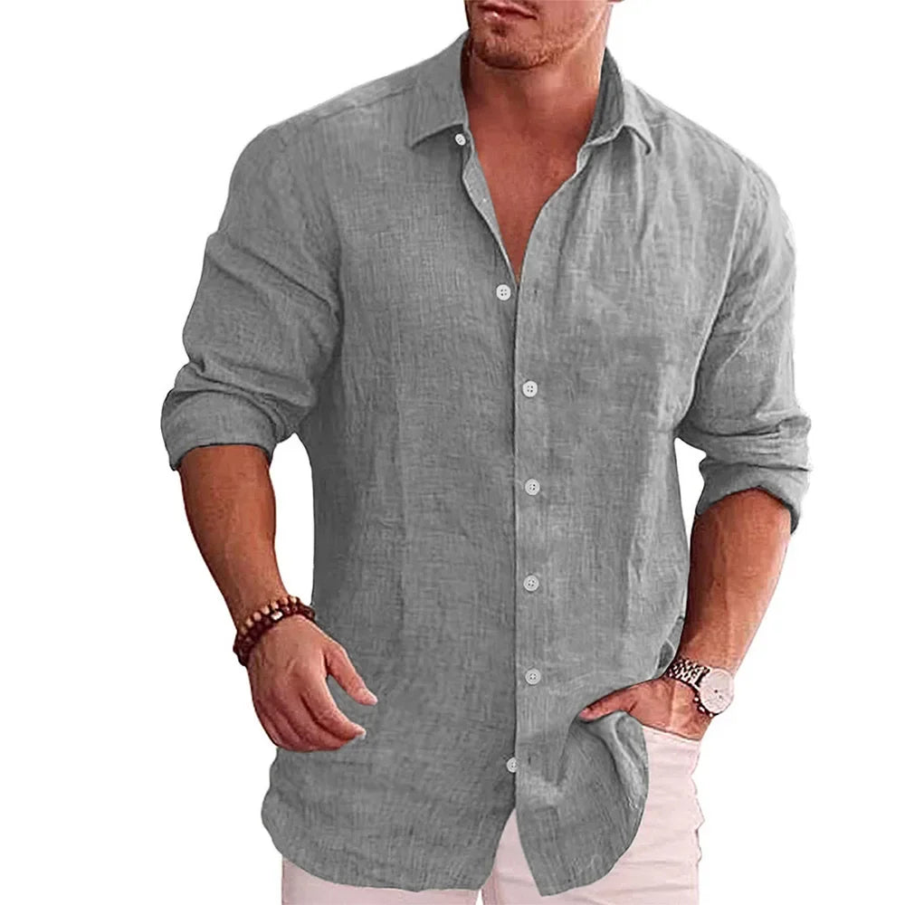 Men’s Casual Cotton-Linen Shirt – Long Sleeve, Solid Color, Plus Size