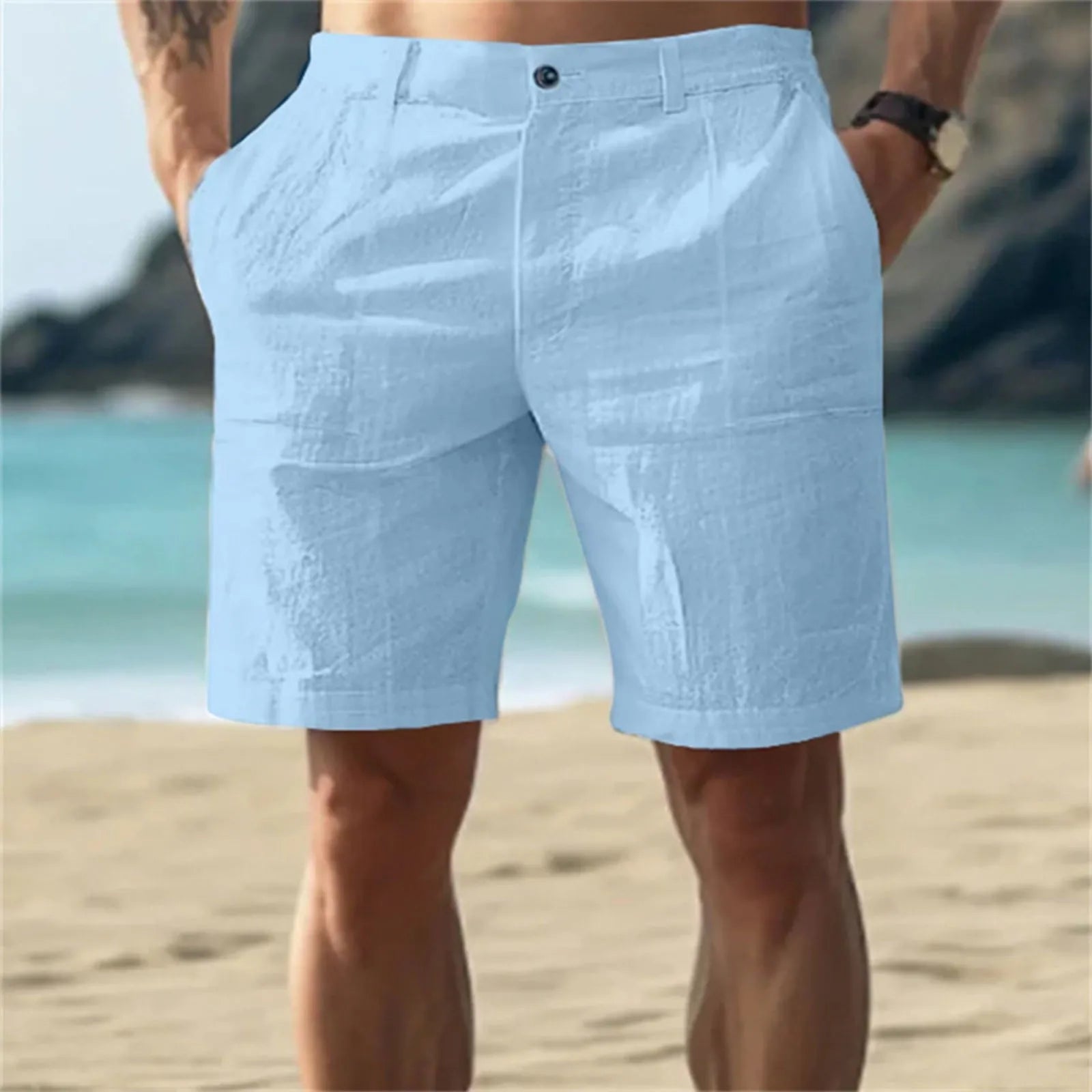 Men’s Solid Color Linen Shorts – Breathable Casual Beach Pants for Summer Holiday