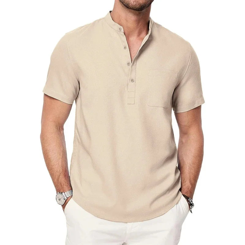 Men’s Henley Cotton-Linen T-Shirt – Short Sleeve Casual Tee with Button Pocket