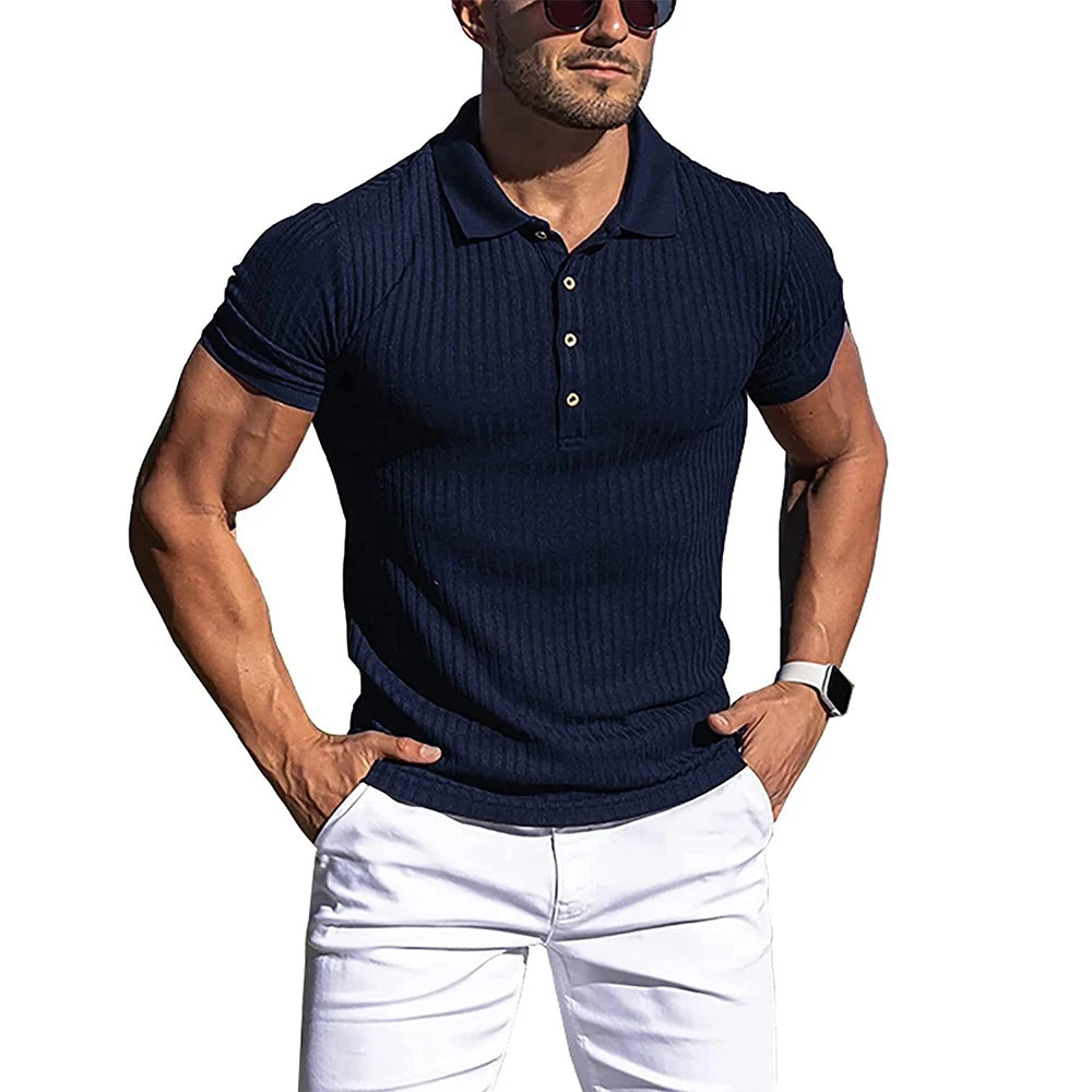 Men’s Summer Polo Shirt – Solid & Striped Short Sleeve, Stretch Fitness Top with Stand Collar