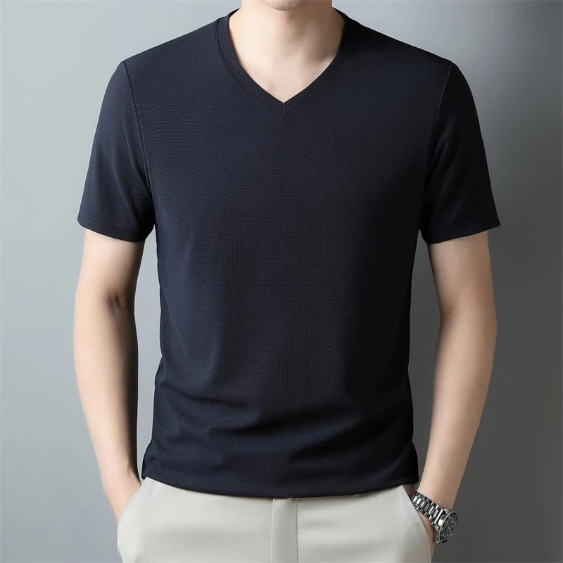 Men’s Waffle Knit V-Neck T-Shirt – Summer Casual Short Sleeve Top 2024