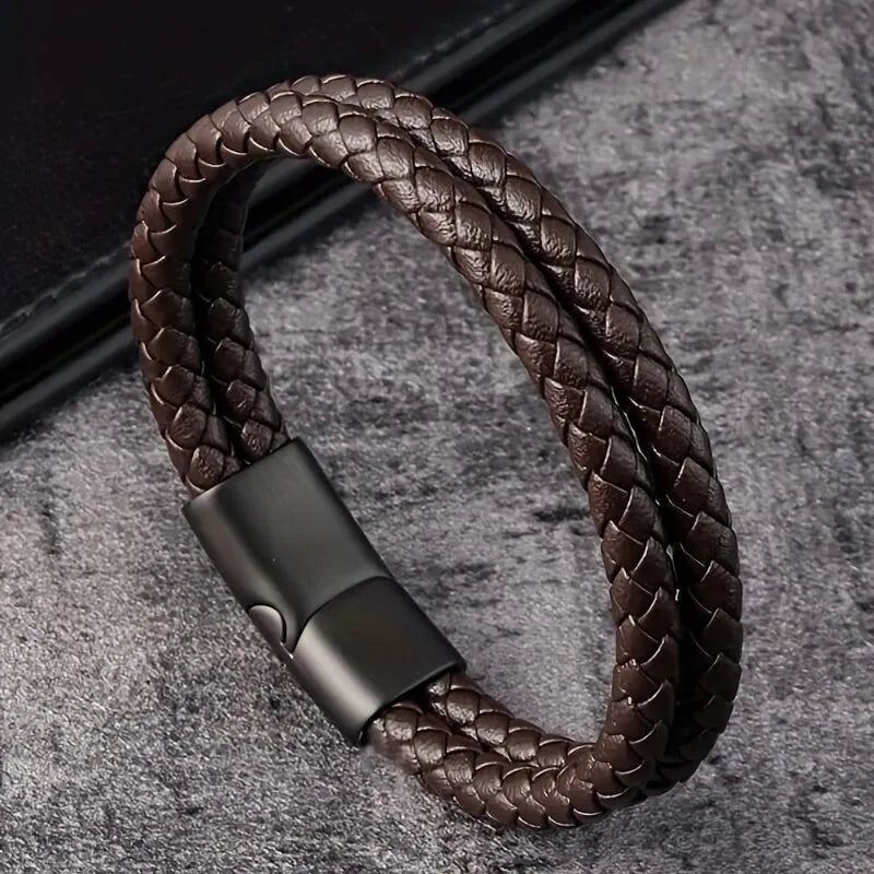 Men’s Trendy Leather Bracelet – Braided Rope with Stainless Steel Detail