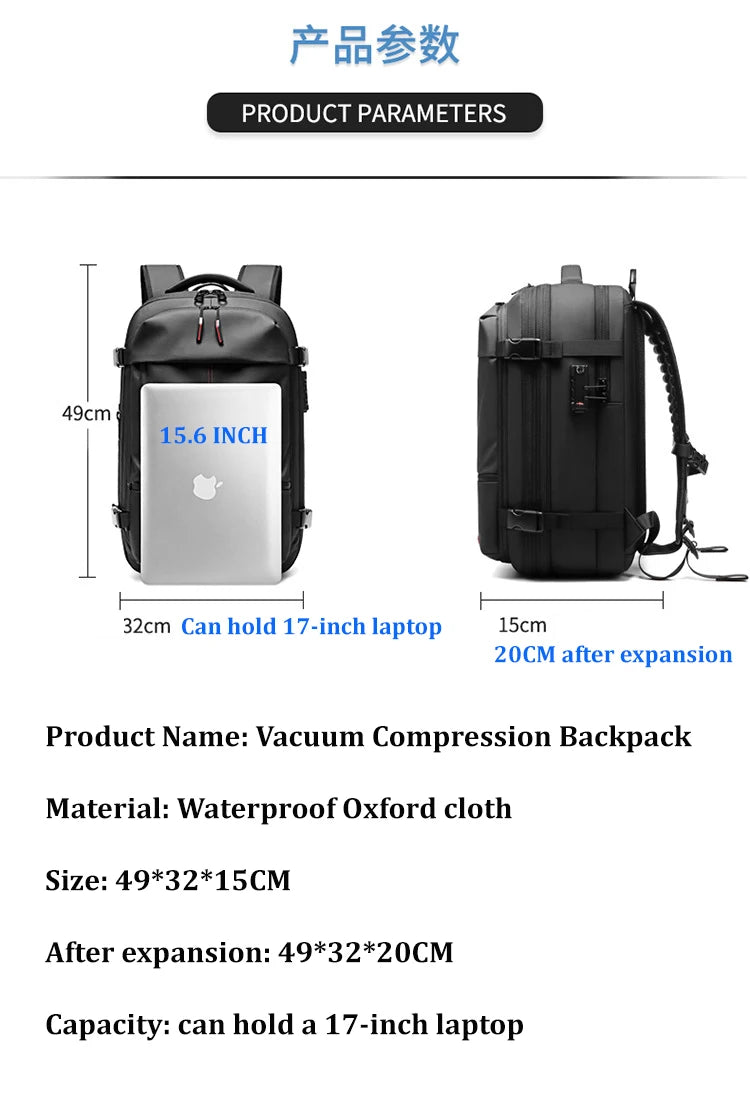 Men’s 17-Inch Laptop Travel Backpack – Expandable, Large-Capacity Business & Outdoor Compression Bag