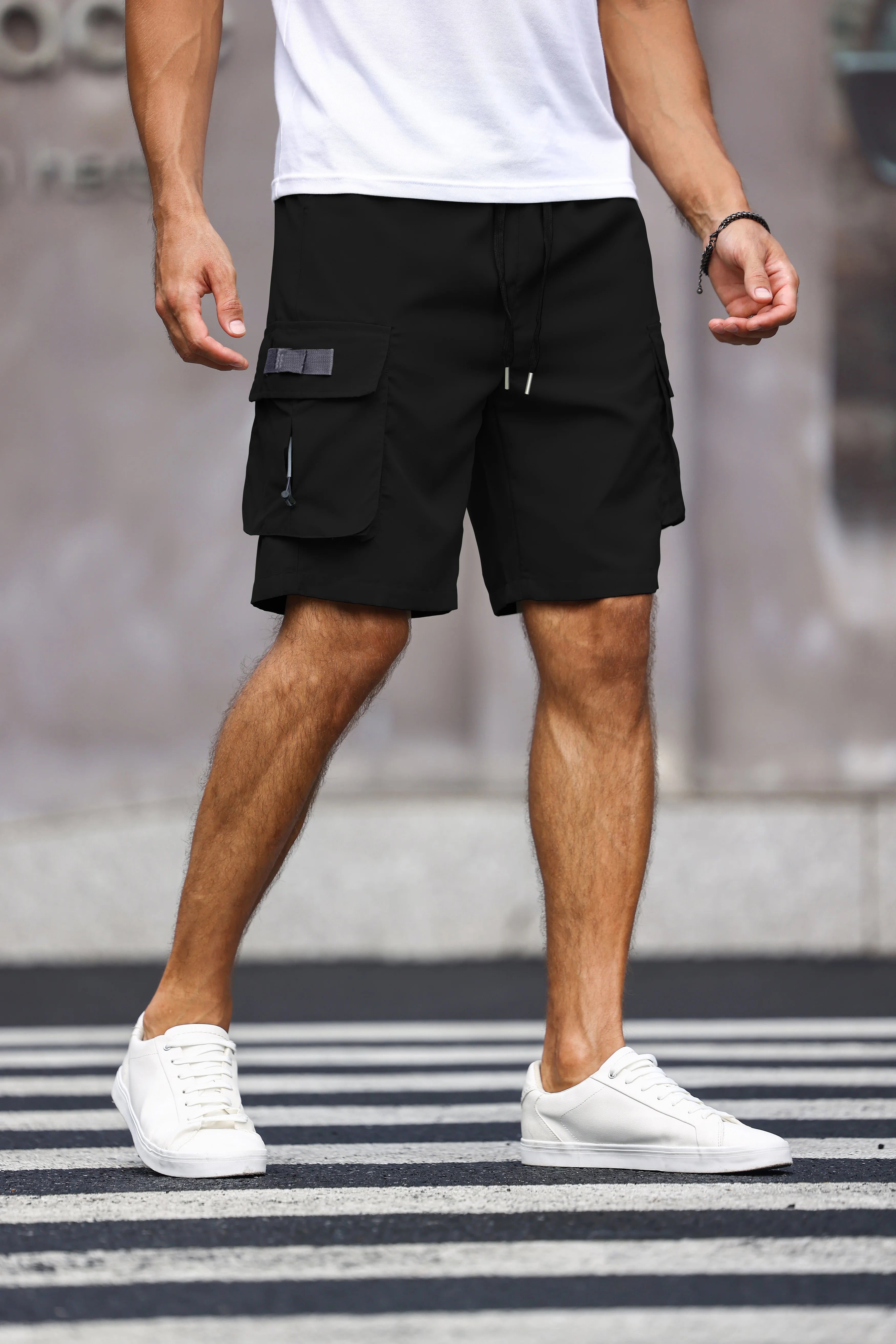 Men’s Multicolor Cargo Shorts – Solid Color Drawstring Summer Shorts with Pockets