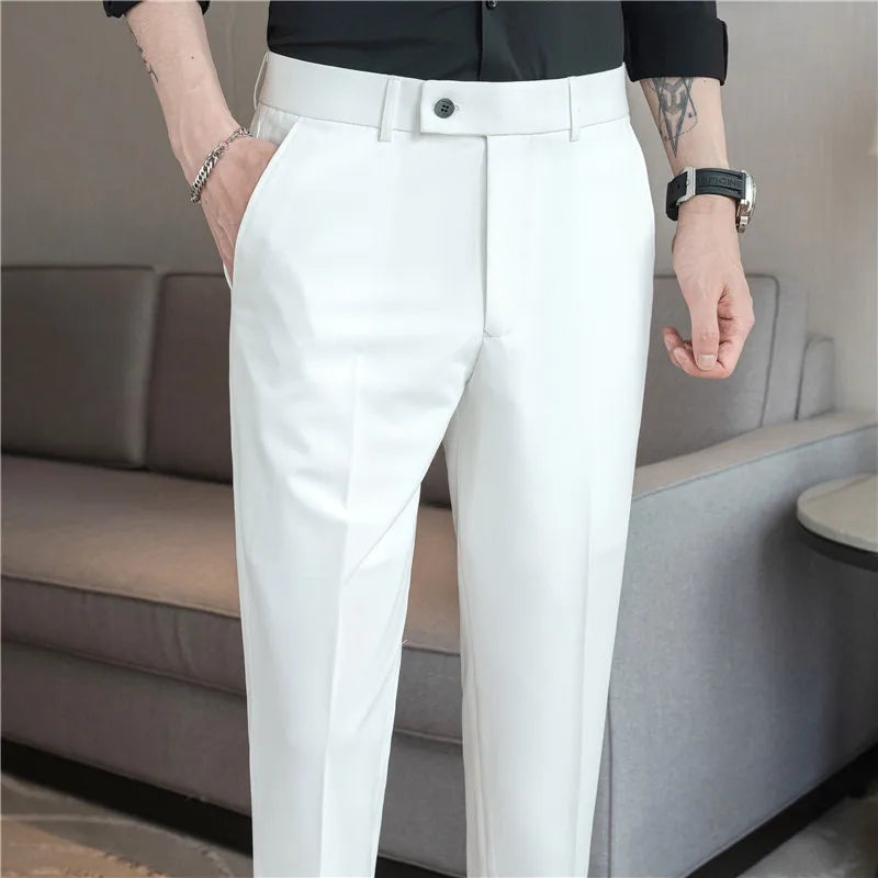 Men’s Stretch Solid Color Trousers – Slim Fit Ankle-Length Pants for Business, Casual & Formal Events
