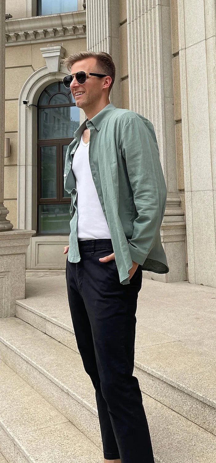 Men's 2024 Linen Beach Shirt – Long Sleeve Casual Button-Up, Solid Color Lapel Top, Lightweight Spring Summer Shirt XS–6XL