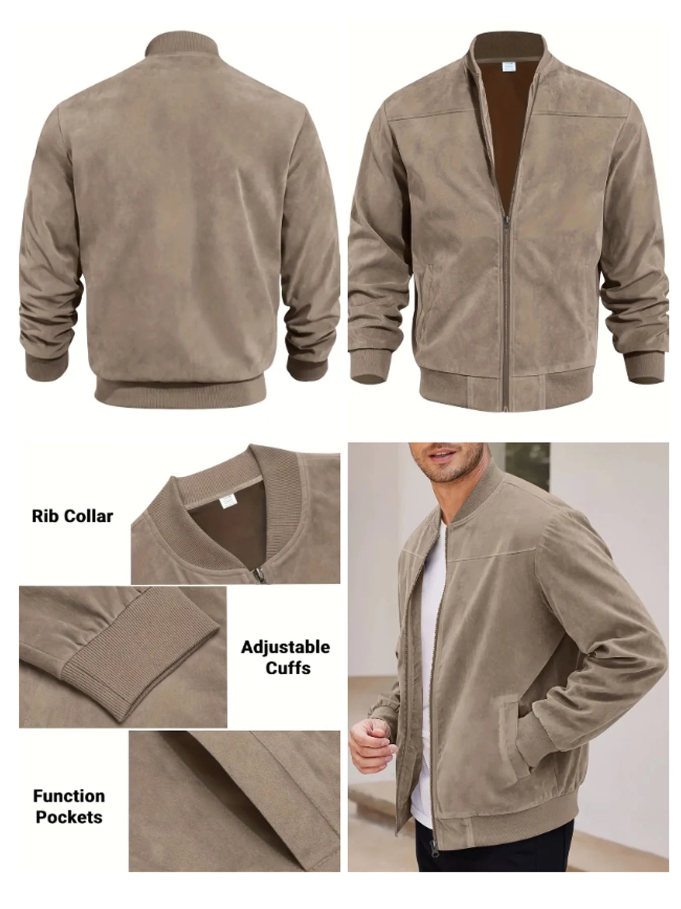 Men’s Suede Zip-Up Bomber Jacket – Casual Sport and Golf Style