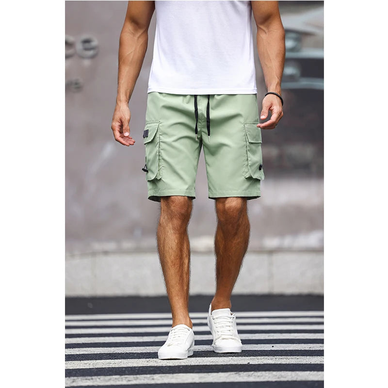 Men’s Multicolor Cargo Shorts – Solid Color Drawstring Summer Shorts with Pockets