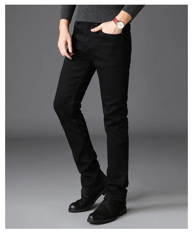 Men’s Classic Black Stretch Jeans – Soft Denim Biker Pants for Spring & Autumn