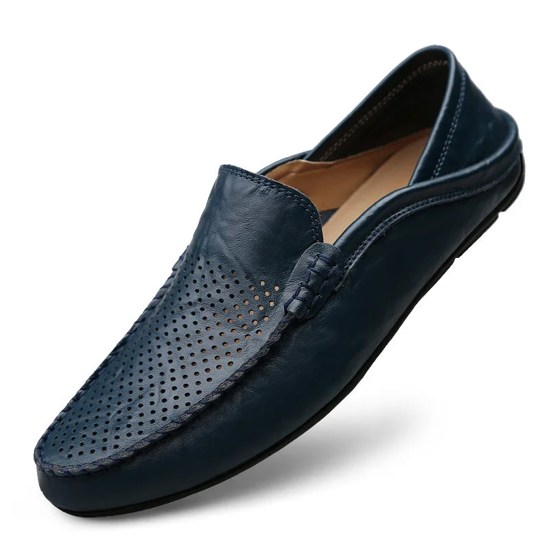 Men’s Summer Casual Leather Moccasins – Breathable Slip-On Boat Shoes, Italian-Style Luxury Driving Loafers