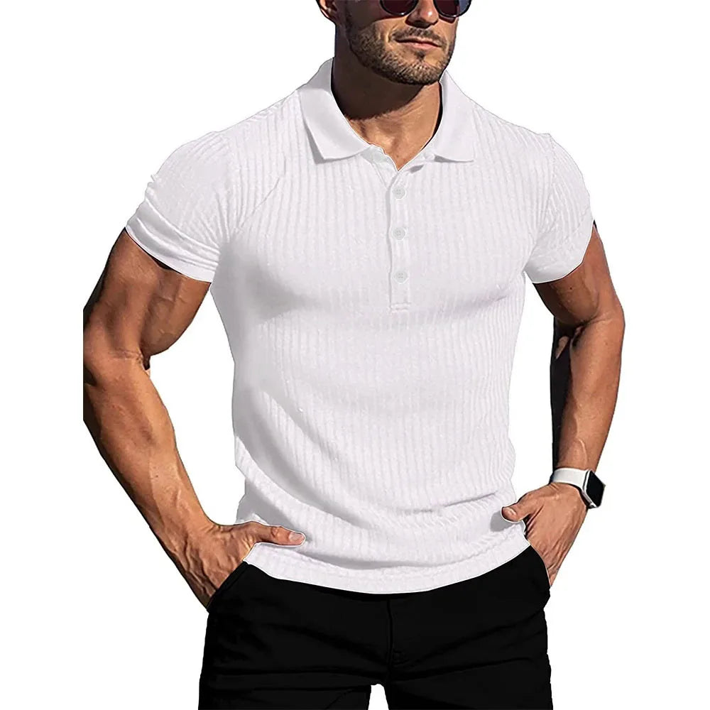 Men’s Summer Polo Shirt – Solid & Striped Short Sleeve, Stretch Fitness Top with Stand Collar