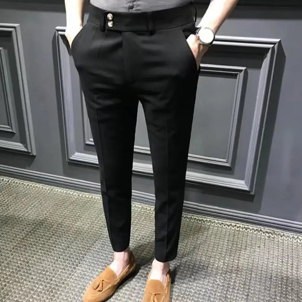 Men’s Slim Fit Ankle-Length Suit Pants – Trendy Office Trousers with Zipper Closure