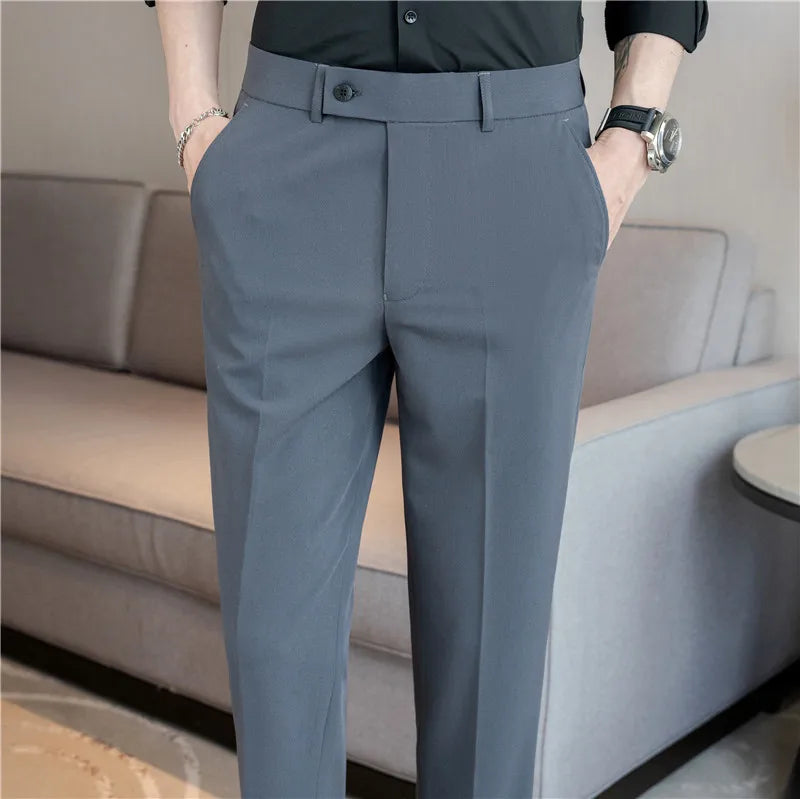 Men’s Stretch Solid Color Trousers – Slim Fit Ankle-Length Pants for Business, Casual & Formal Events
