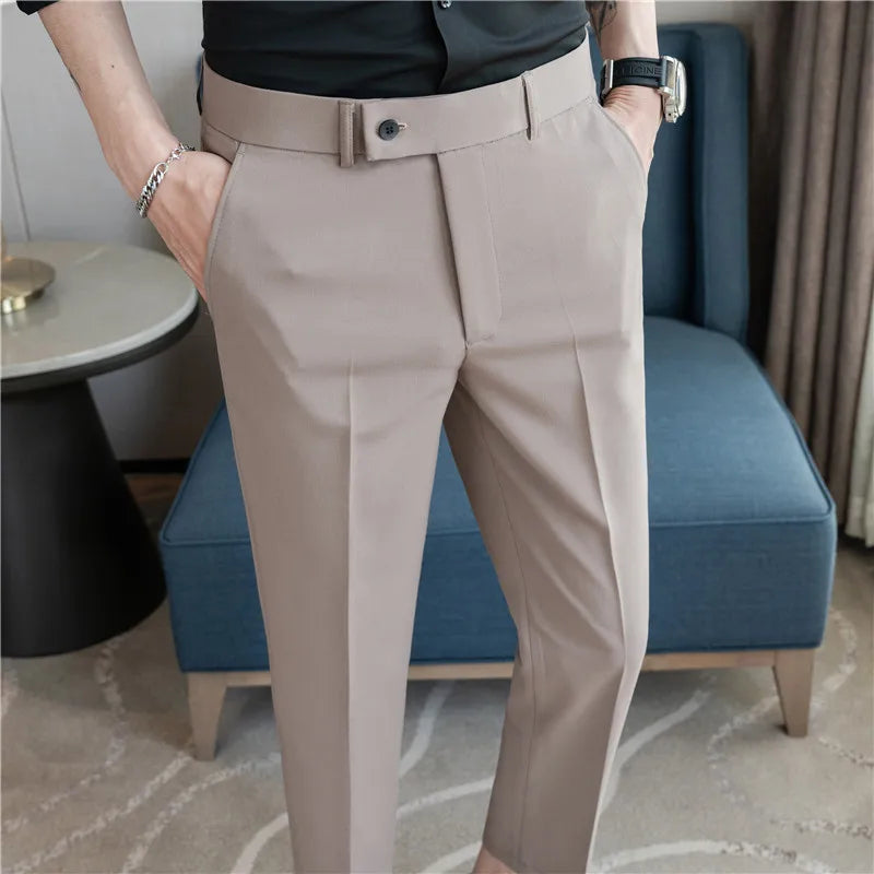 Men’s Stretch Solid Color Trousers – Slim Fit Ankle-Length Pants for Business, Casual & Formal Events