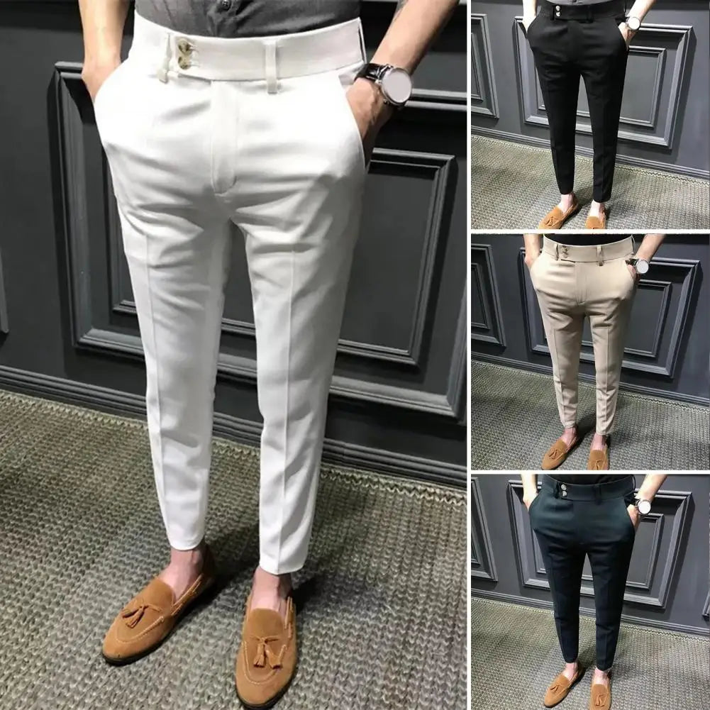 Men’s Slim Fit Ankle-Length Suit Pants – Trendy Office Trousers with Zipper Closure