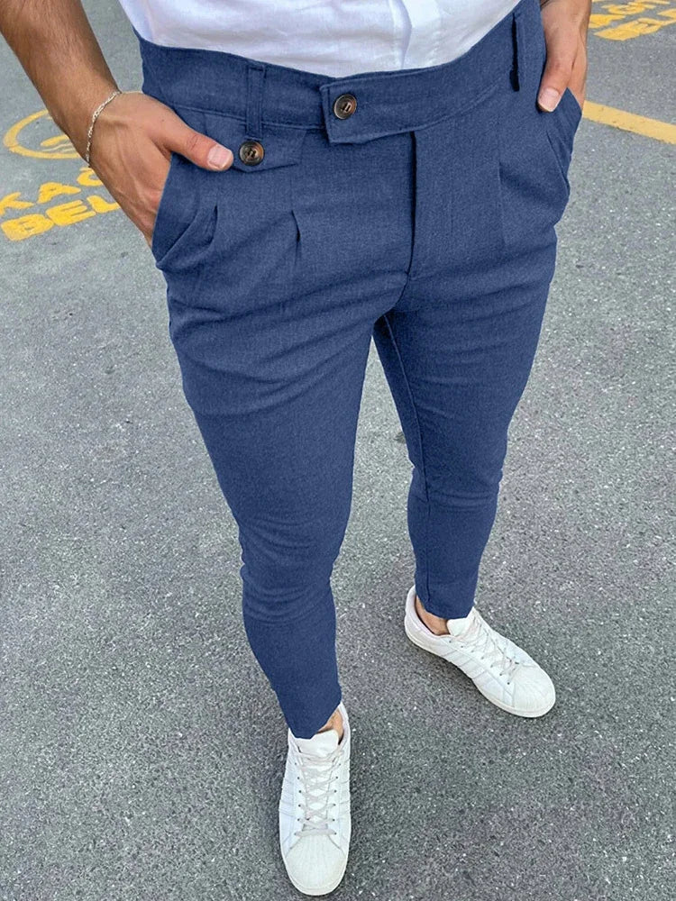 Men’s Slim Fit Casual Trousers – Vintage Solid Color Pencil Pants with Button Waist