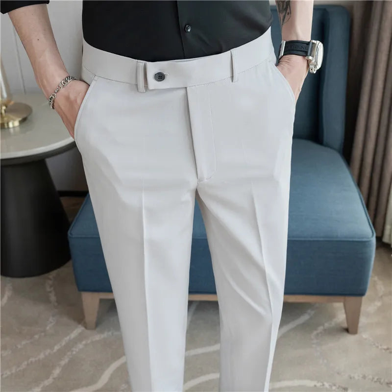 Men’s Stretch Solid Color Trousers – Slim Fit Ankle-Length Pants for Business, Casual & Formal Events
