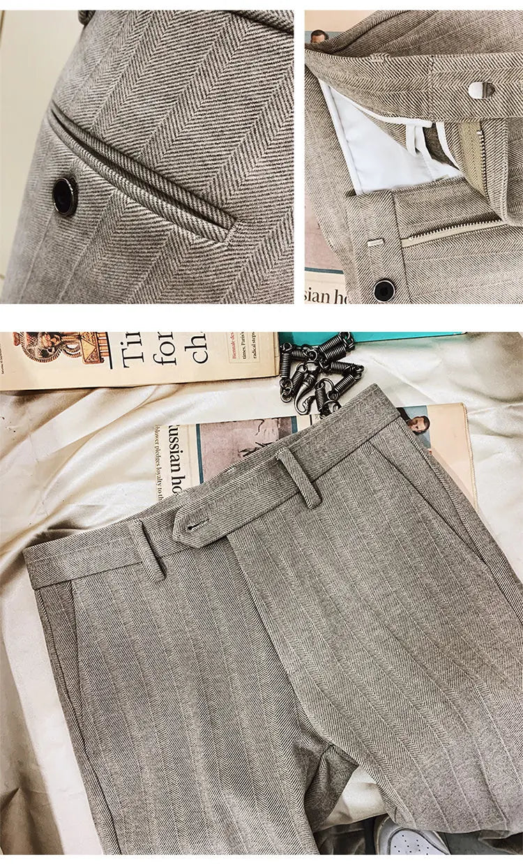 Men’s Striped Woolen Suit Pants – Slim Fit Casual & Formal Trousers for Autumn & Winter