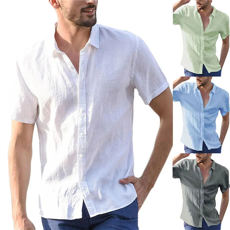 Men’s Casual Cotton Linen Short Sleeve Shirt – Solid Color Summer Beachwear