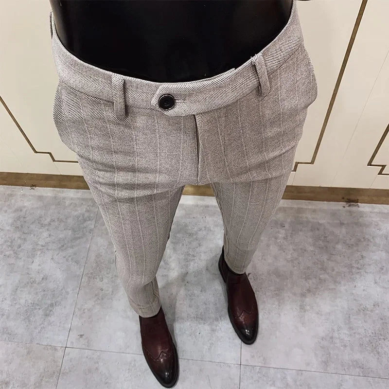 Men’s Striped Woolen Suit Pants – Slim Fit Casual & Formal Trousers for Autumn & Winter