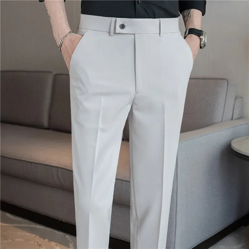 Men’s Stretch Solid Color Trousers – Slim Fit Ankle-Length Pants for Business, Casual & Formal Events