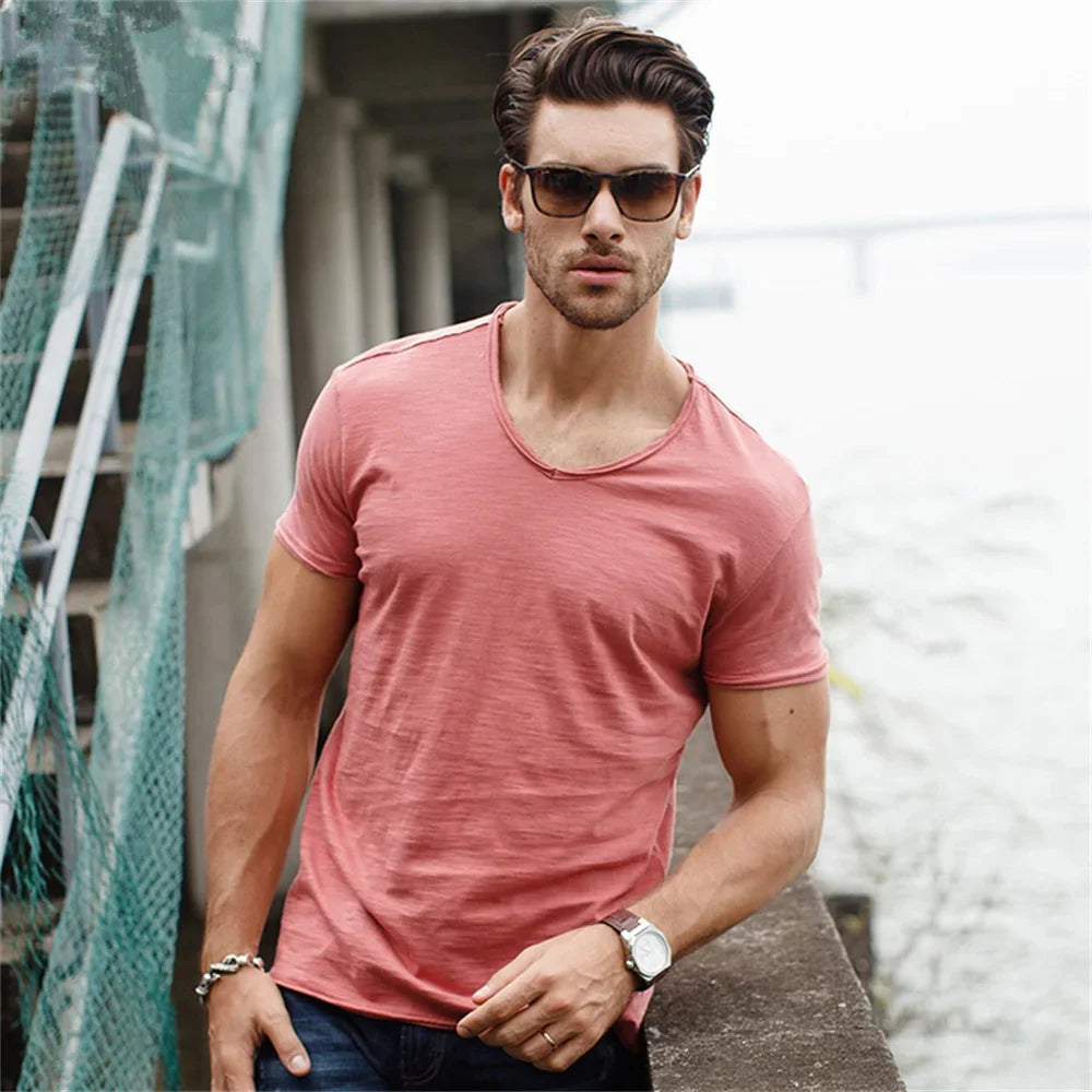 Men’s 100% Cotton V-Neck T-Shirt – Slim Fit Solid Color Short Sleeve Top