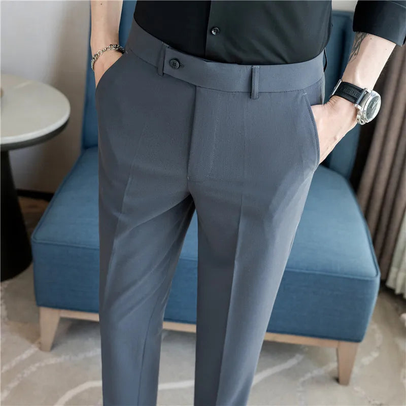 Men’s Stretch Solid Color Trousers – Slim Fit Ankle-Length Pants for Business, Casual & Formal Events