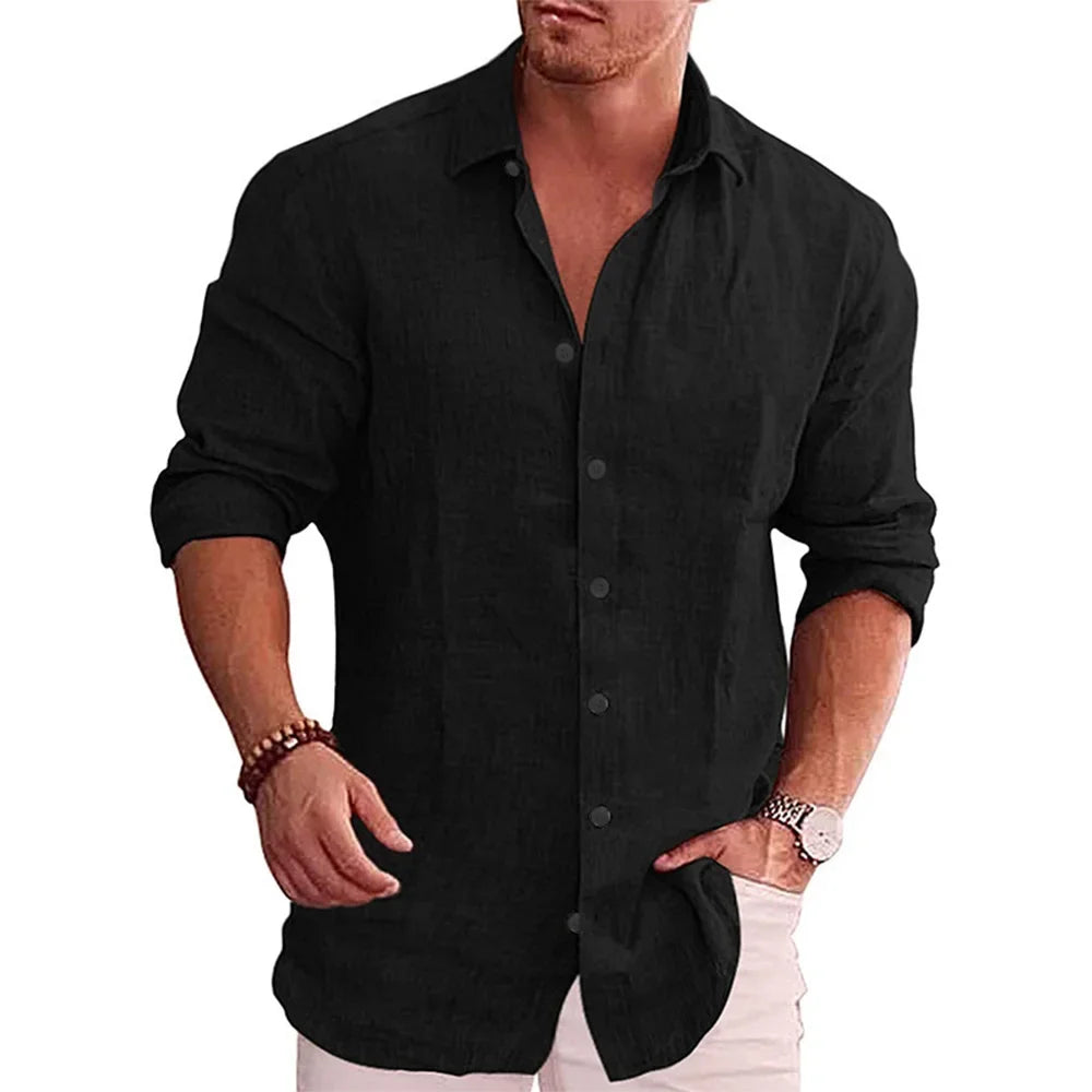 Men’s Casual Cotton-Linen Shirt – Long Sleeve, Solid Color, Plus Size
