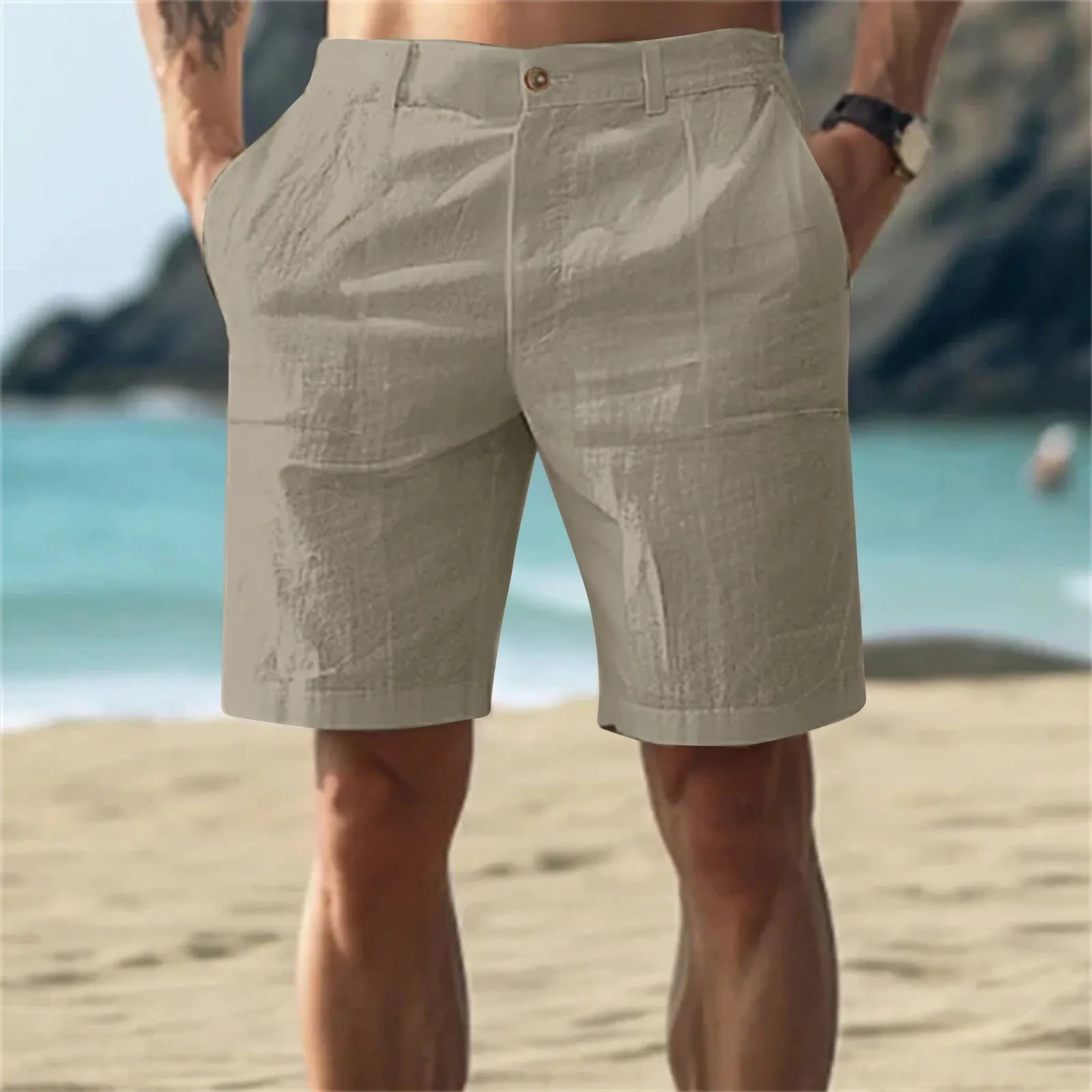 Men’s Solid Color Linen Shorts – Breathable Casual Beach Pants for Summer Holiday