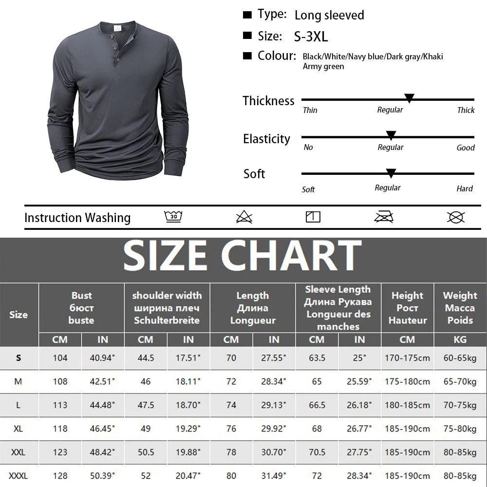 Men’s Long Sleeve Henley Shirt – Slim Fit, Casual & Comfortable Fitness Top with Button Neck