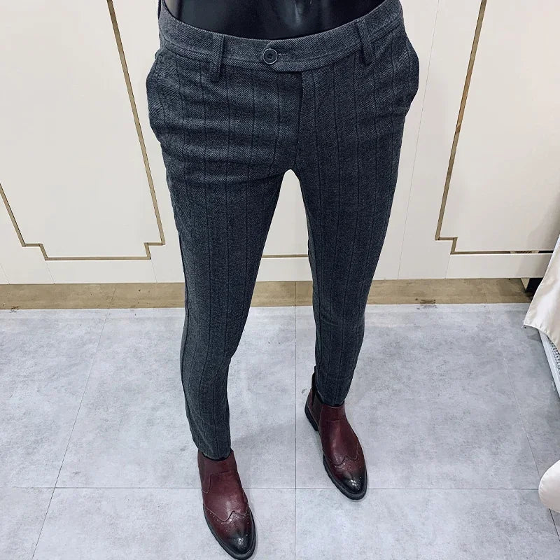 Men’s Striped Woolen Suit Pants – Slim Fit Casual & Formal Trousers for Autumn & Winter