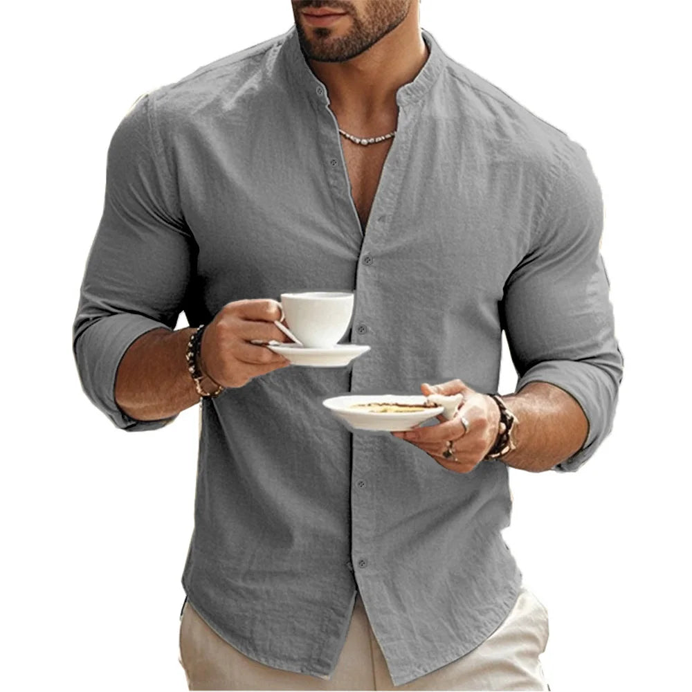Men’s Cotton Linen Henley Shirt – Slim Fit, Breathable Solid Color Casual Wear