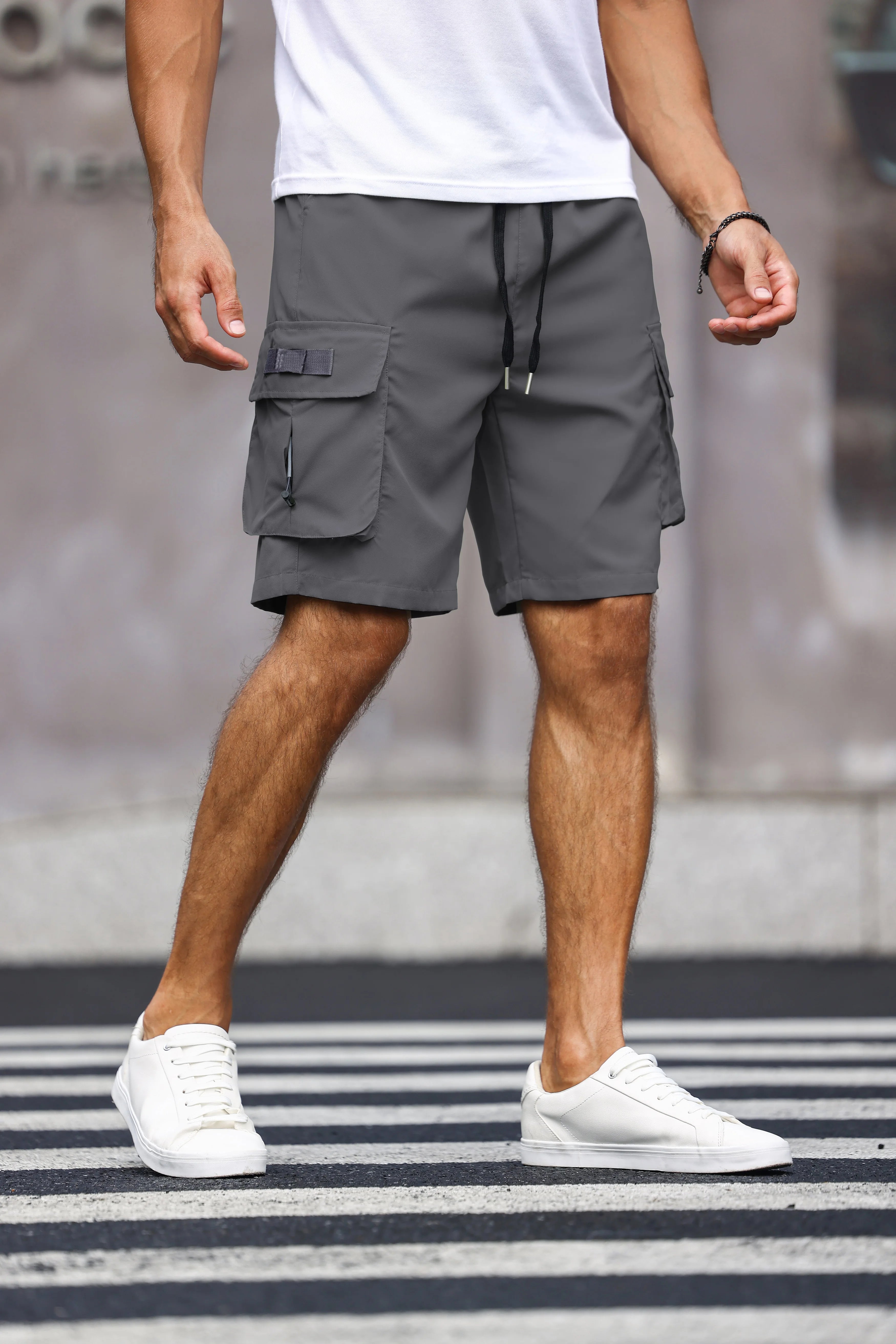 Men’s Multicolor Cargo Shorts – Solid Color Drawstring Summer Shorts with Pockets